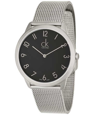 Calvin Klein K3M51151 watch angled view showing black dial and silver mesh bracelet