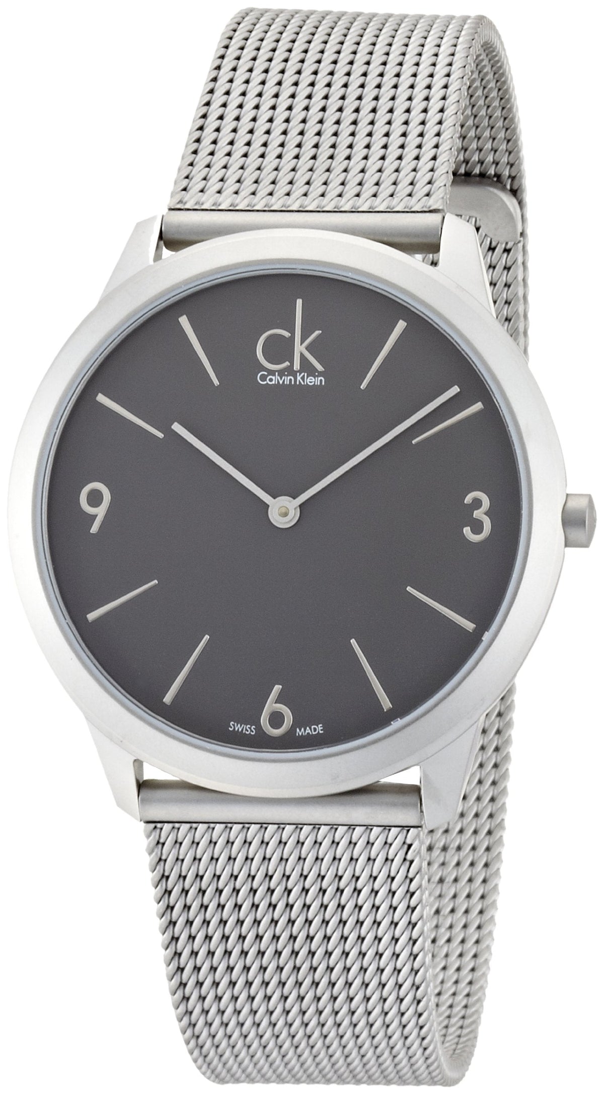 Calvin Klein K3M51154 watch at angle showing grey dial and mesh bracelet detail