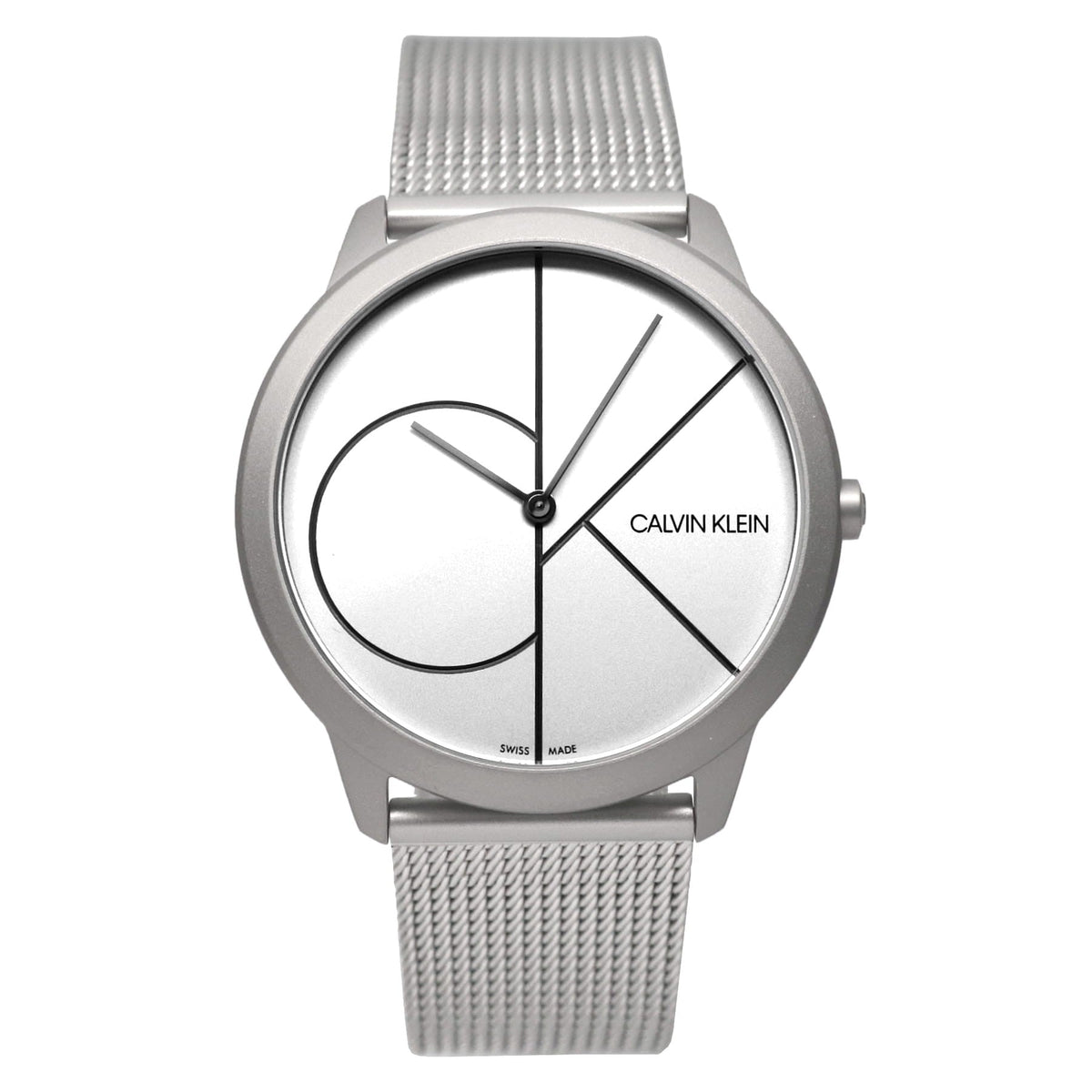 Calvin Klein Minimal watch angled view showing white dial face with geometric pattern and steel mesh band