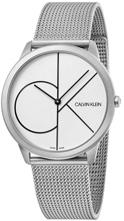 Calvin Klein Minimal men's watch with white dial, geometric design, silver mesh strap, front view