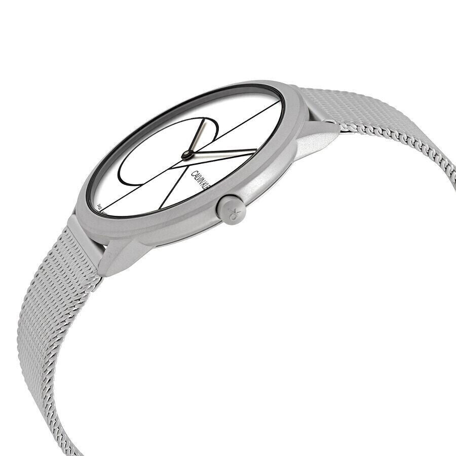 Calvin Klein Minimal watch side view showing case profile, crown detail, and stainless steel mesh band
