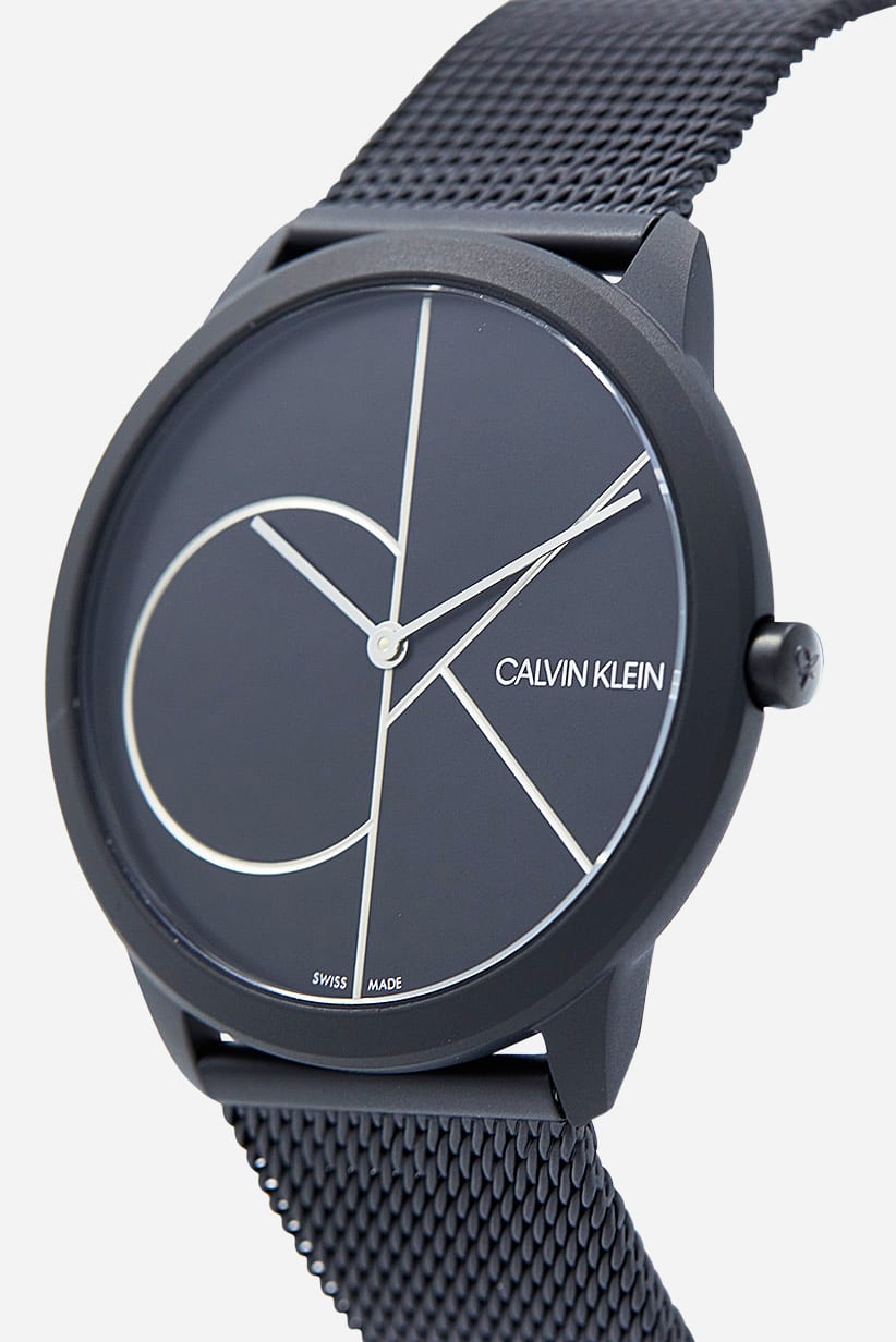 Side angle view of Calvin Klein K3M5145X with Milanese mesh bracelet