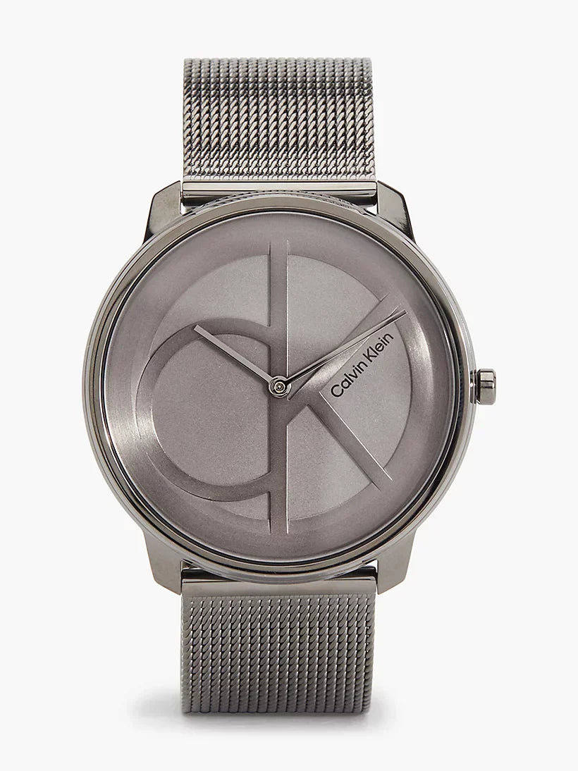 Calvin Klein Minimal watch angled view showing grey mesh bracelet and dial design