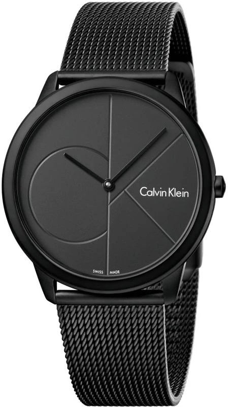 Calvin Klein Minimal black mesh steel watch with grey minimalist dial design
