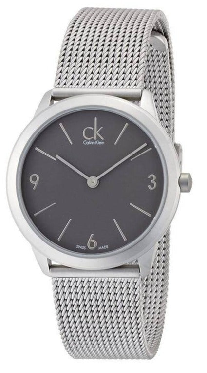 Calvin Klein Minimal watch with grey dial and silver mesh bracelet, front view