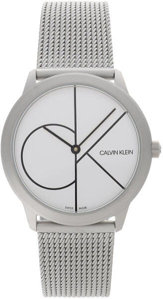Calvin Klein K3M5215X watch front view showing white minimalist dial and silver mesh band