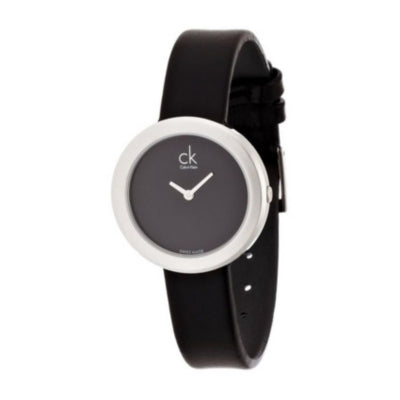 Calvin Klein K3N231C1 women's watch three-quarter view with round case and leather band