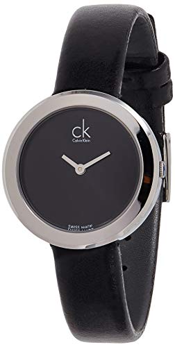 Calvin Klein K3N231C1 watch at angle displaying silver case and black leather strap