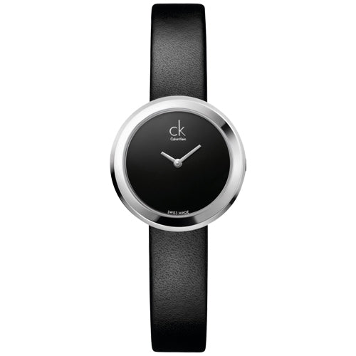 Calvin Klein K3N231C1 watch front view showing minimalist black dial with silver hour markers