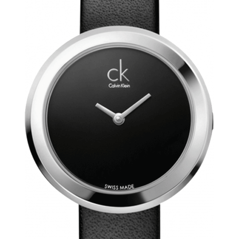 Calvin Klein K3N231C1 front view with Swiss Made marking visible on black dial