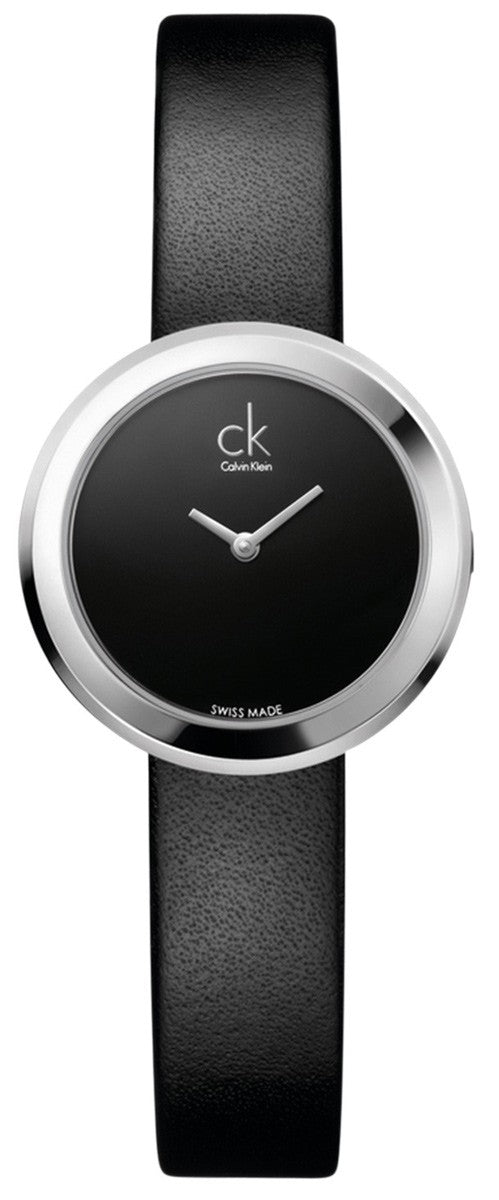 Calvin Klein K3N231C1 women's watch with round silver case, black dial, and black leather strap