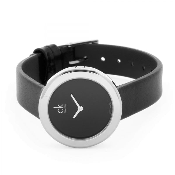 Calvin Klein K3N231C1 women's watch worn on wrist with black leather strap