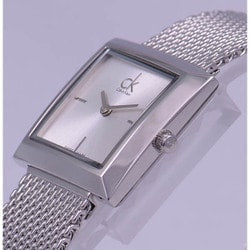 Calvin Klein K3R23126 watch angled view showing square case and silver mesh bracelet