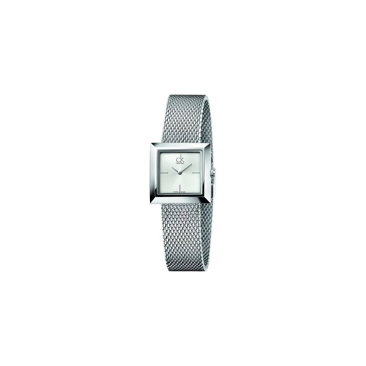 Calvin Klein K3R23126 women's watch full view with white dial and silver mesh band