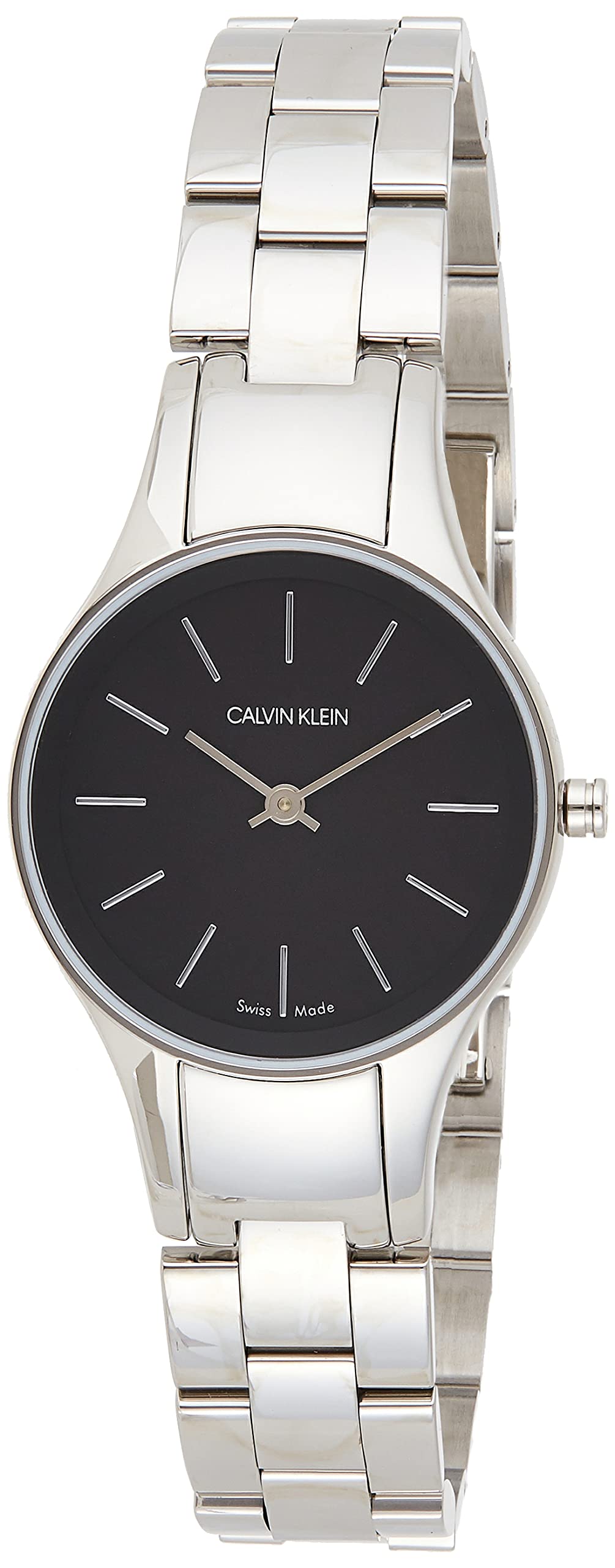 Calvin Klein Simplicity women's watch three-quarter view with silver steel bracelet