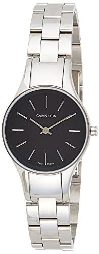 Calvin Klein Simplicity women's watch angled view showing silver bracelet and black dial