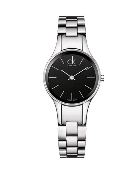 Calvin Klein Simplicity K4323130 women's watch front view with black dial and steel strap