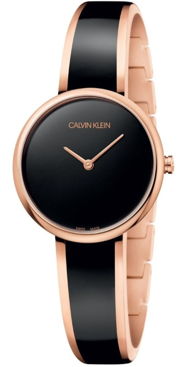 Calvin Klein Seduce women's watch with black dial and two-tone rose gold and black steel strap