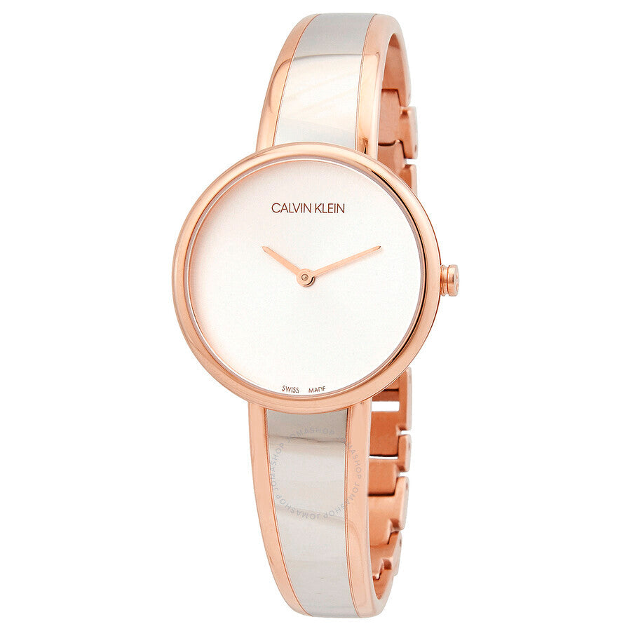 Calvin Klein K4E2N61Y watch three-quarter view showing rose gold case and two-tone bracelet