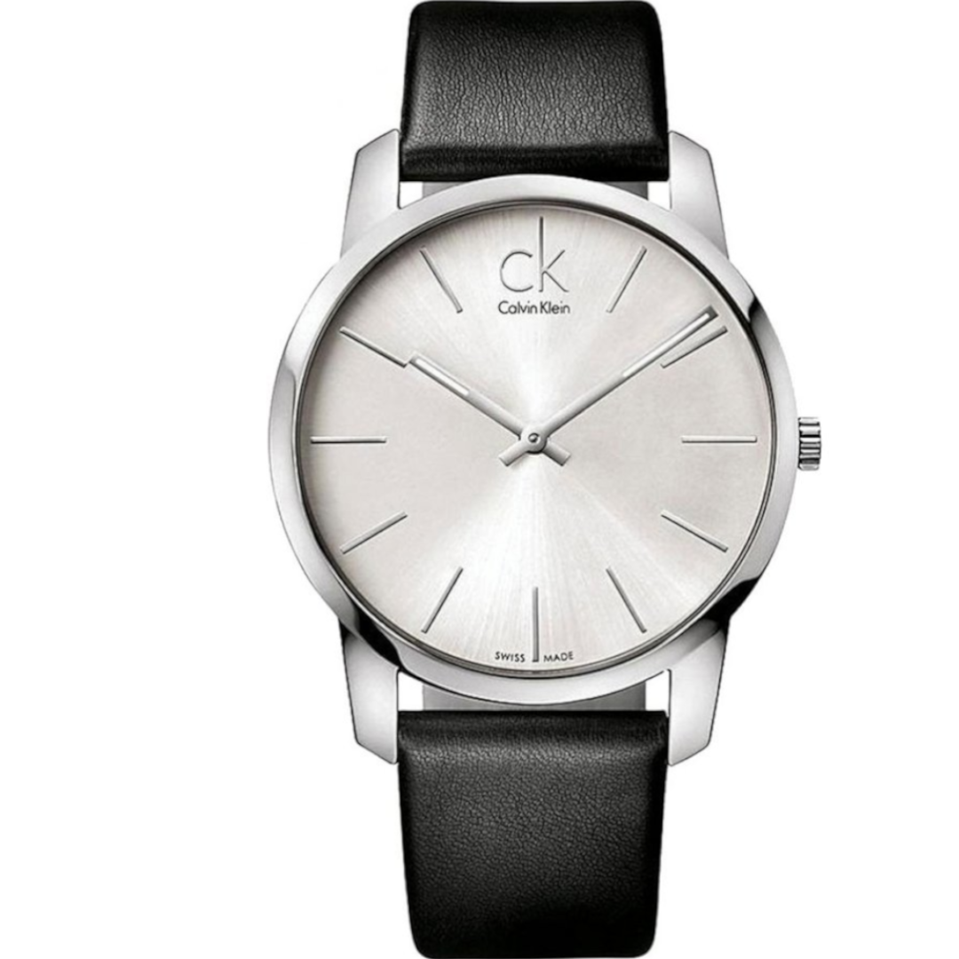 Calvin Klein K7622185 Post Minimal watch front view with silver dial and black strap