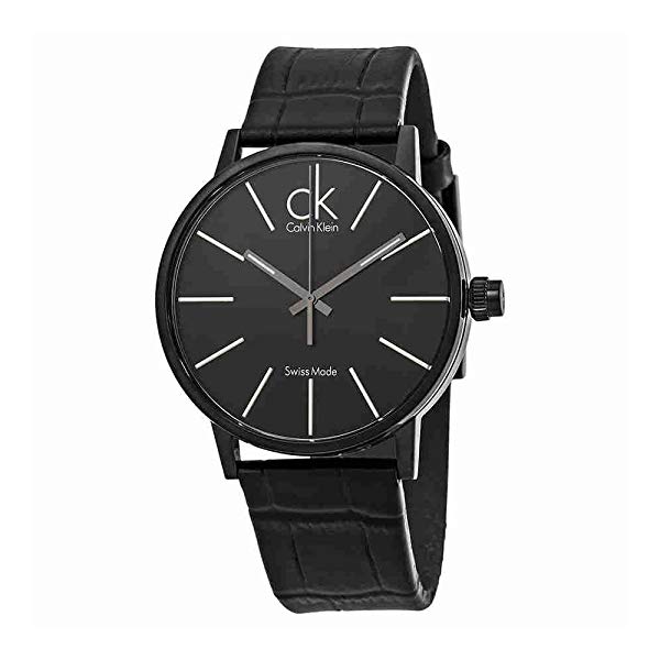 Calvin Klein women's watch angled view showing black dial and quilted black leather strap