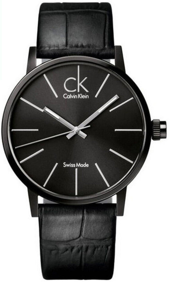 Calvin Klein women's watch with black dial, black leather strap, and minimalist markers
