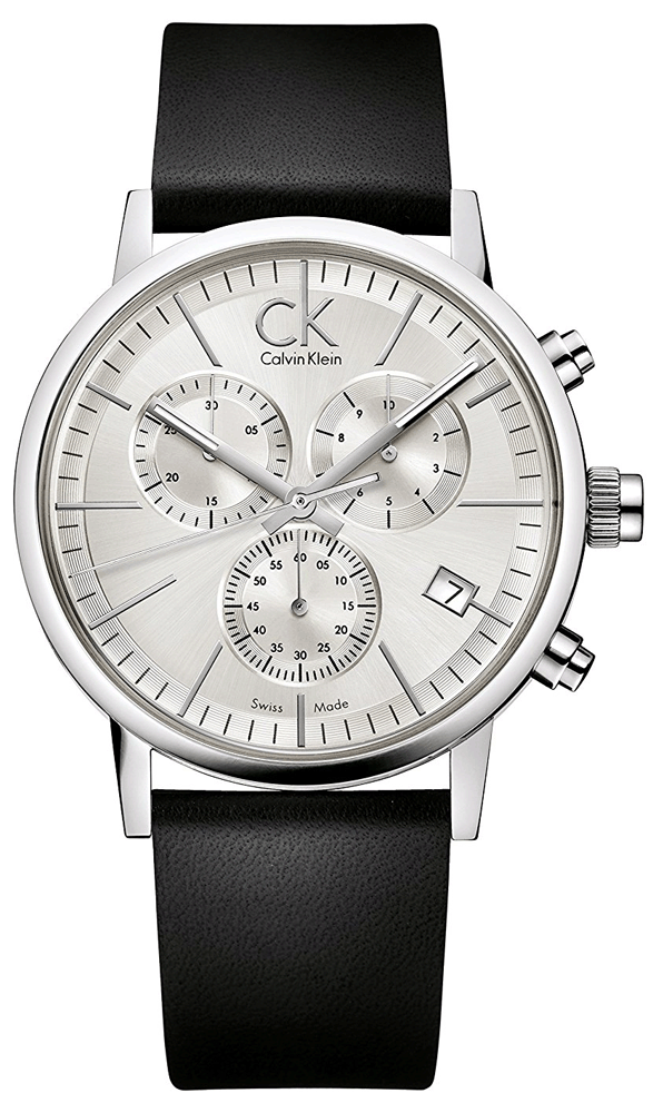 Calvin Klein K7627120 chronograph watch with white dial and black leather strap