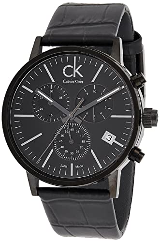 Black chronograph watch with three subdials and date window, angled view