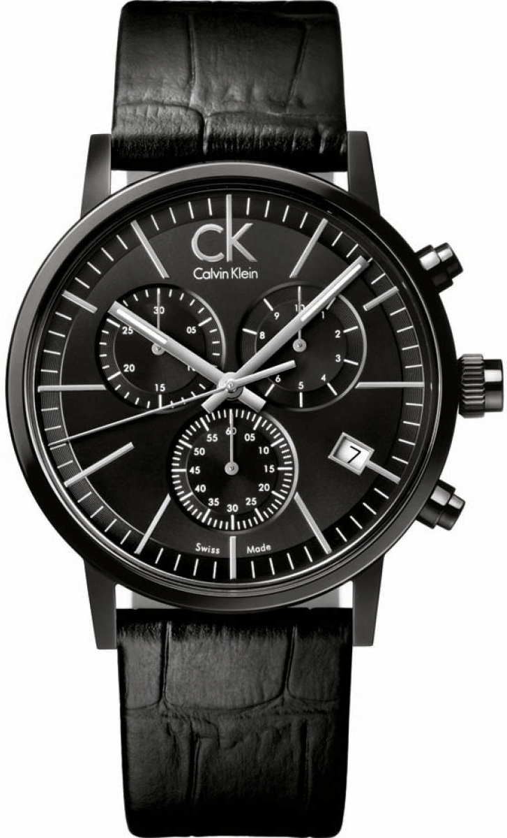 Calvin Klein Post Minimal black chronograph watch with black leather strap
