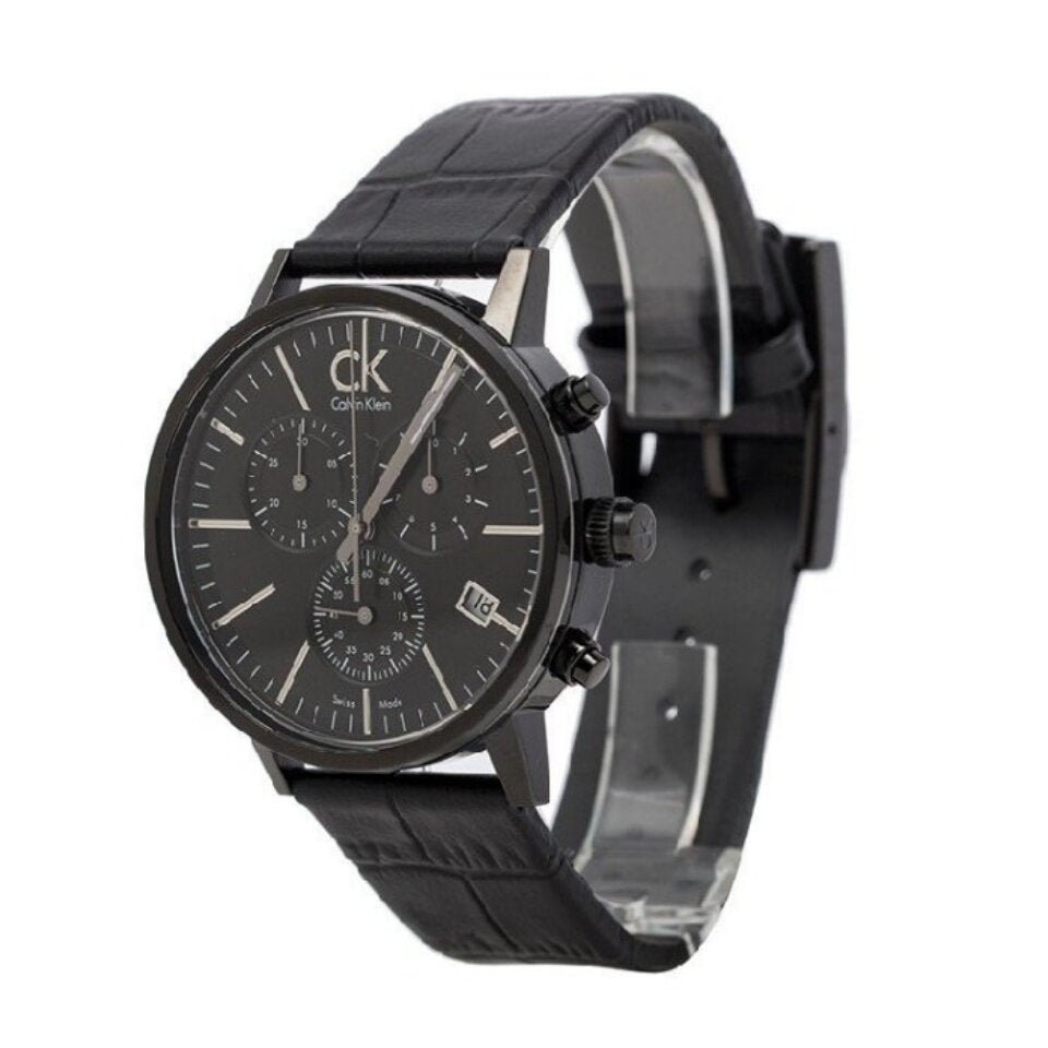 Side view of black chronograph watch showing case profile and black leather strap