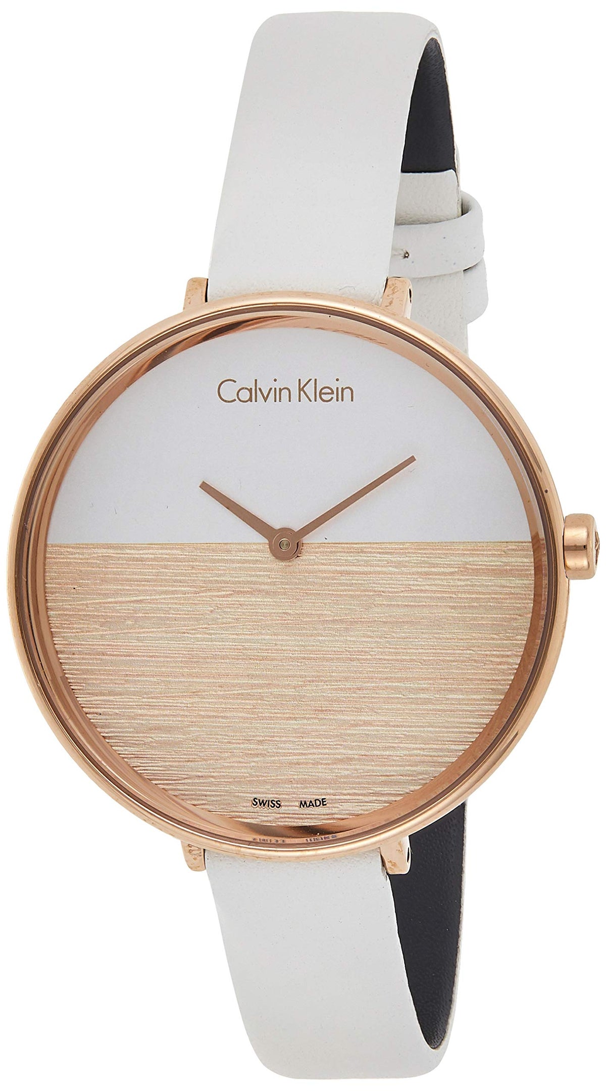 Calvin Klein K7A236LH women's watch with white leather strap and rose gold case angled view