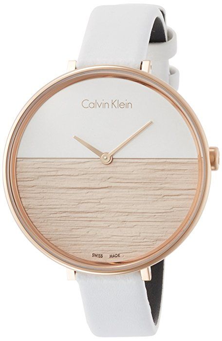 Calvin Klein K7A236LH watch side profile with white leather strap and rose gold case