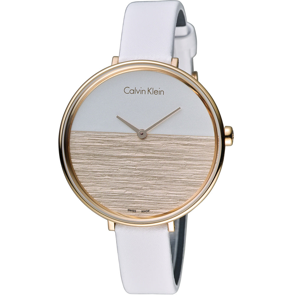Calvin Klein K7A236LH watch side angle view with white leather strap and rose gold case