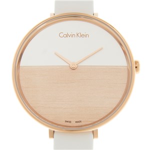 Calvin Klein K7A236LH watch dial view with rose gold case and white leather strap