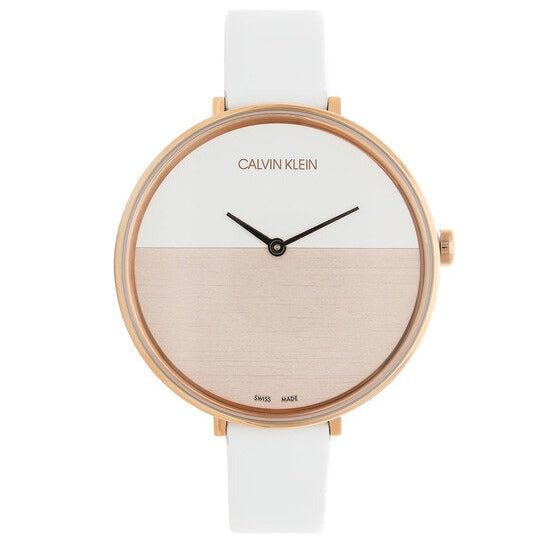 Calvin Klein K7A236LH women's watch with rose gold case, white strap, and split dial design