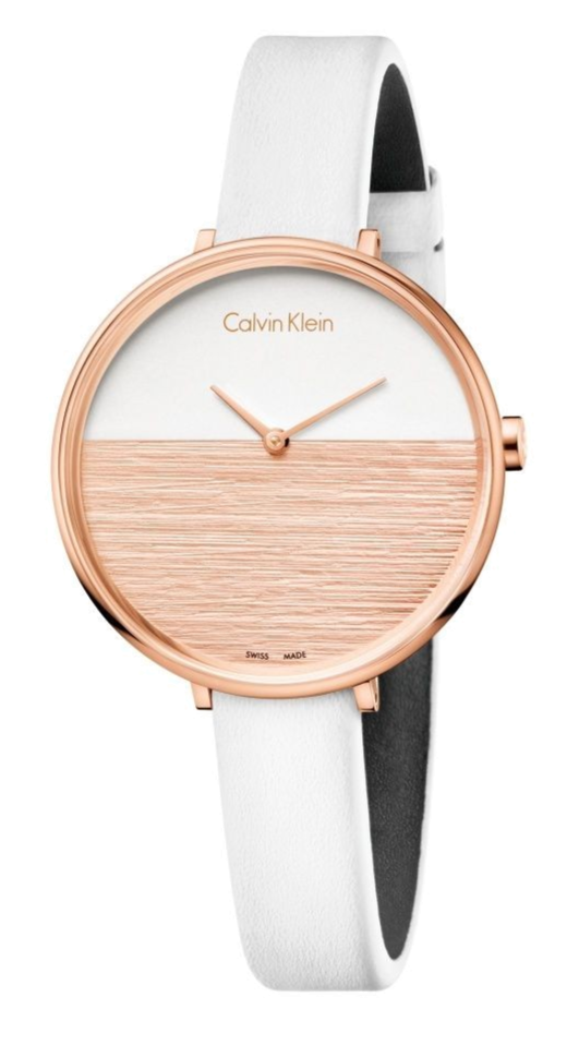 Calvin Klein K7A236LH women's watch with rose gold case and white leather strap, white and wood dial