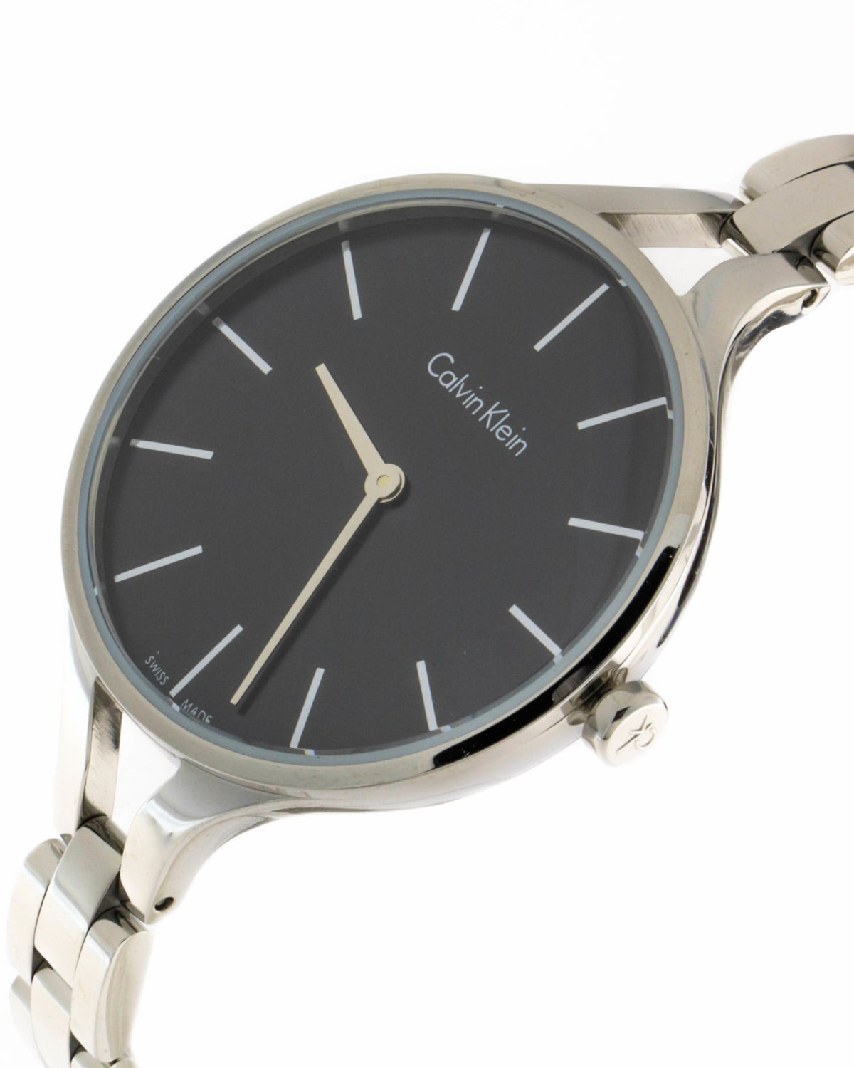 Side profile of Calvin Klein K7E23141 ladies watch with silver bracelet