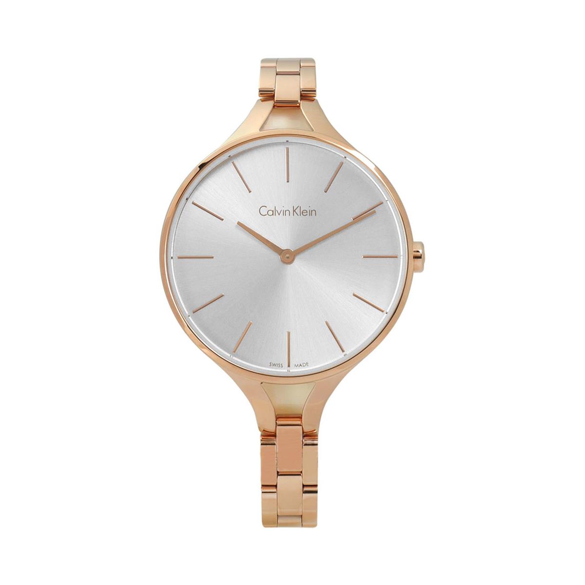 Calvin Klein K7E23646 women's watch featuring silver dial and rose gold steel bracelet