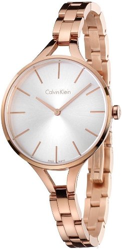 Side angle view of Calvin Klein K7E23646 watch with rose gold strap and silver dial