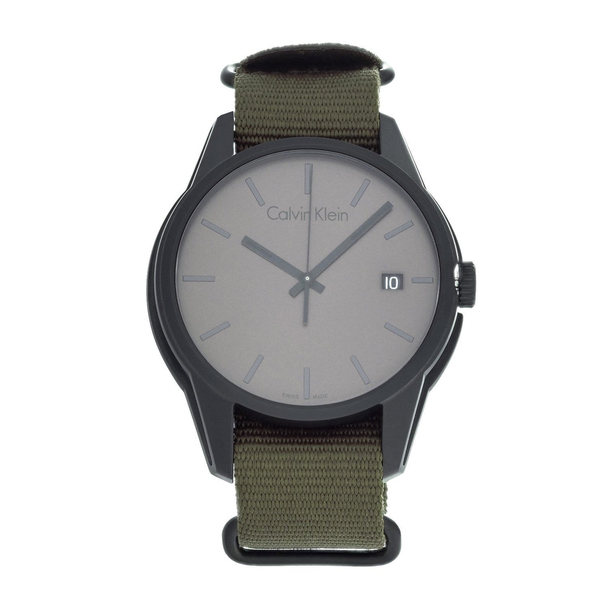 Calvin Klein K7K514WL watch angled view showing dial and green fabric strap