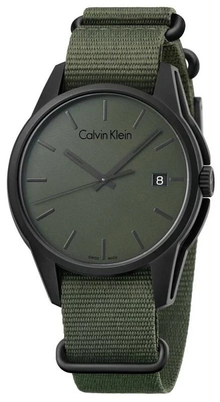 Calvin Klein K7K514WL watch with green dial and green NATO strap on white background