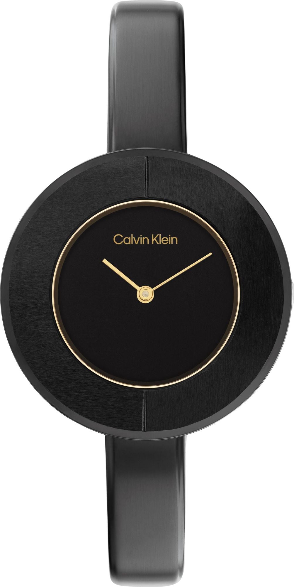 Calvin Klein Chic dial detail showing black face with gold-tone hour markers