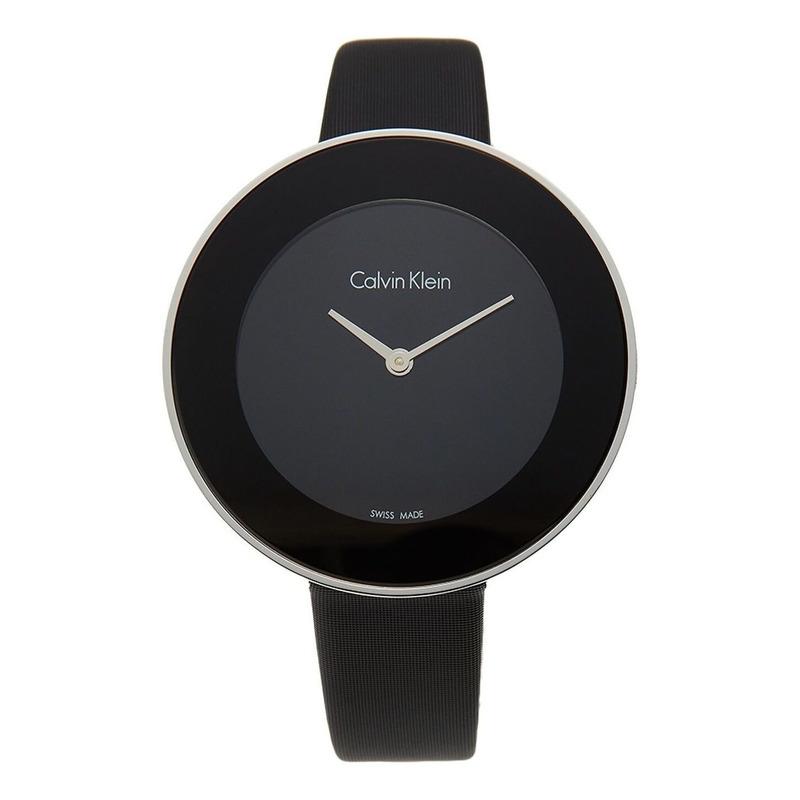 Calvin Klein Chic ladies watch front view with black dial and black strap
