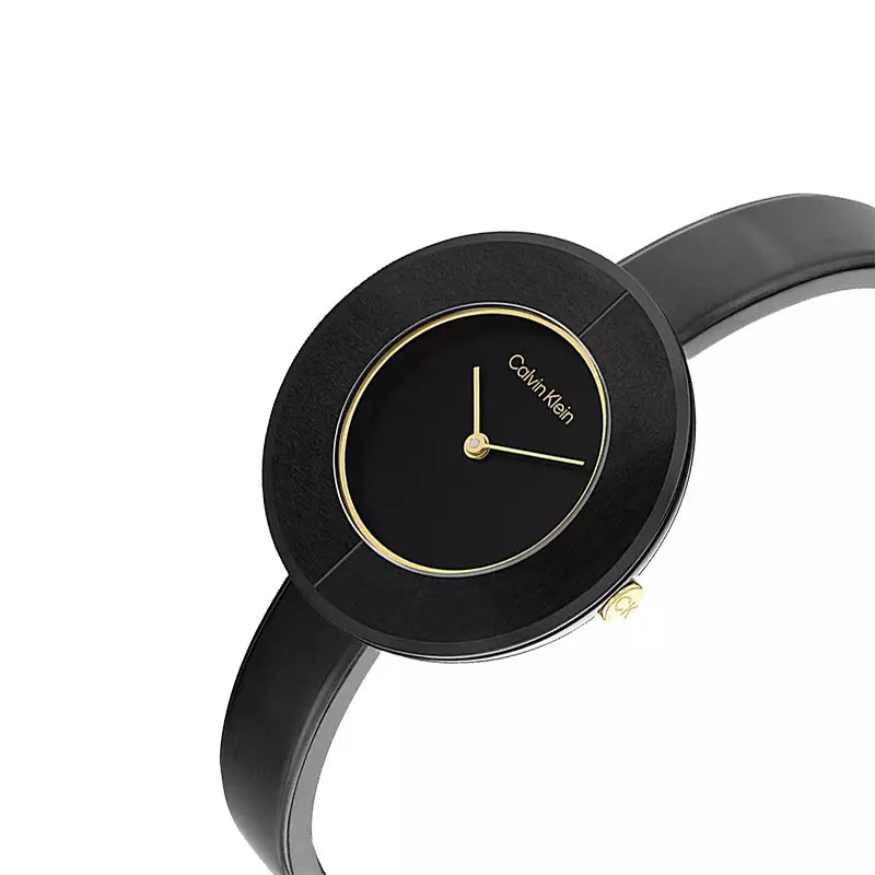 Calvin Klein Chic ladies watch side view with black leather strap detail