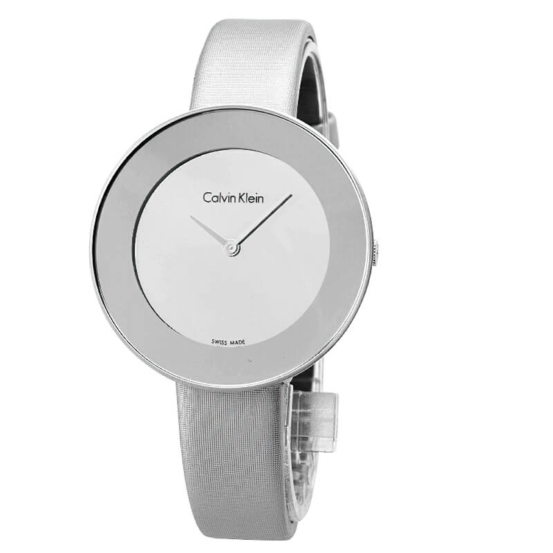 Side angle of Calvin Klein Chic watch with silver case and gray textile band