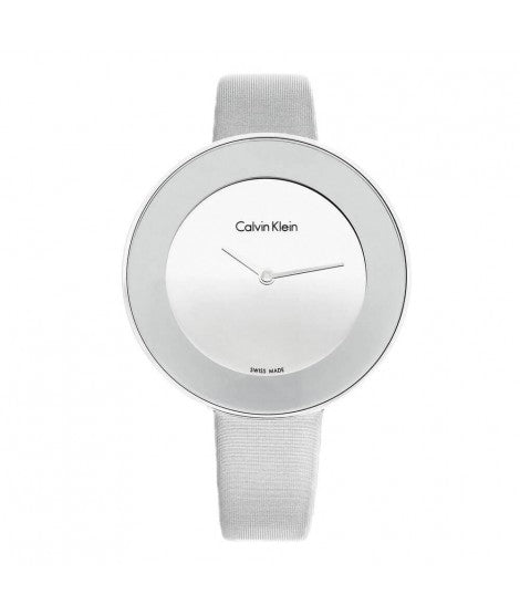 Calvin Klein Chic watch front view with silver dial and gray textile band