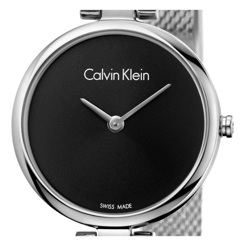 Calvin Klein K8G23121 dial detail showing black face, Swiss made, silver hands