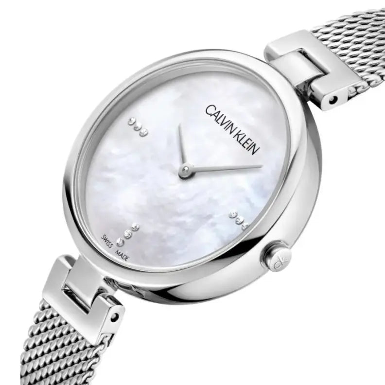 Calvin Klein watch K8G2312E at angle showing silver mesh strap and minimalist dial design