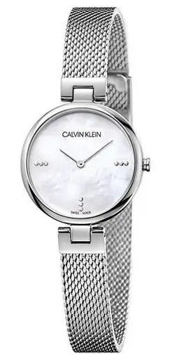 Calvin Klein women's watch with silver mesh bracelet and white mother-of-pearl dial