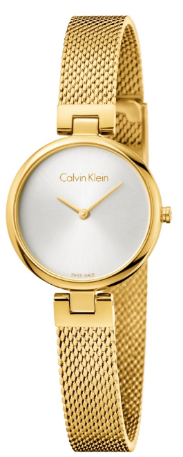Calvin Klein white dial gold ladies watch with mesh strap, front view